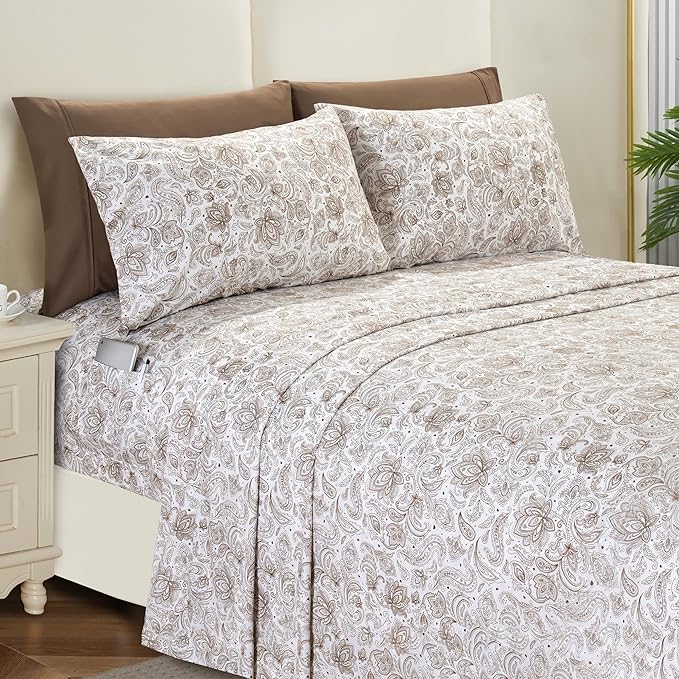 Elegant Comfort Softest and Coziest 6-Piece Sheet Set - 1500 Premium Hotel Quality Microfiber - Deep Pocket, Wrinkle Resistant 6-Piece Paisley Pattern Bed Sheet Set, Full, Paisley Taupe - LeafyLoom