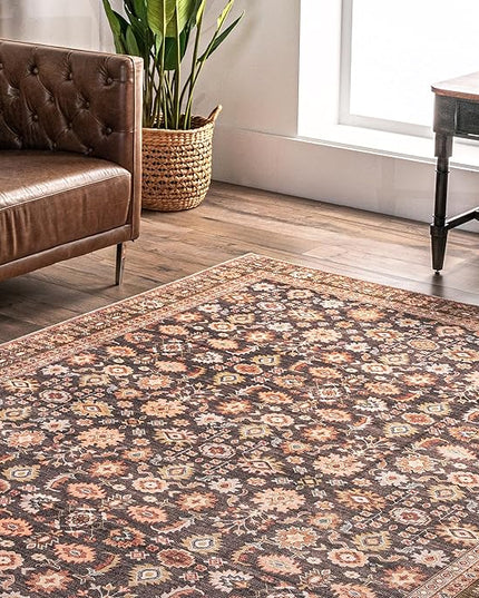 nuLOOM Cathie Persian Floral Machine Washable Ultra Thin Area Rug, 3' x 5', Beige - LeafyLoom