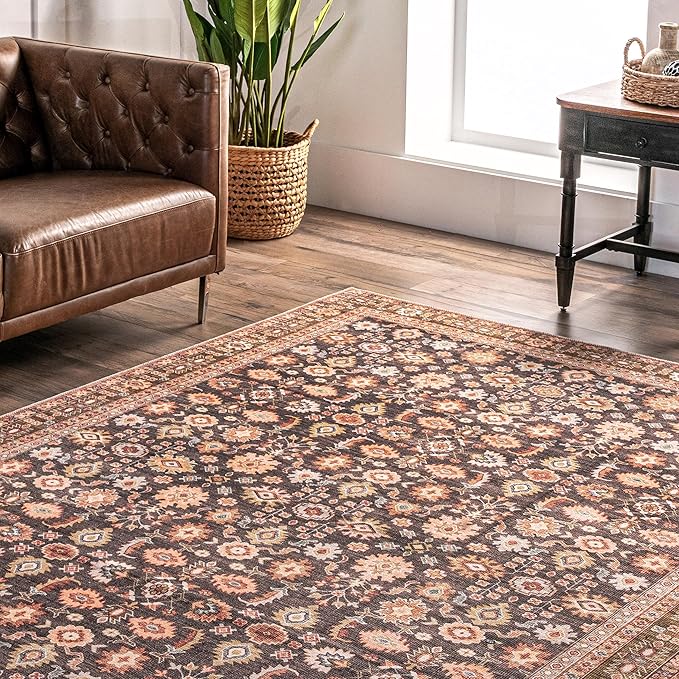nuLOOM Cathie Persian Floral Machine Washable Ultra Thin Area Rug, 3' x 5', Beige - LeafyLoom