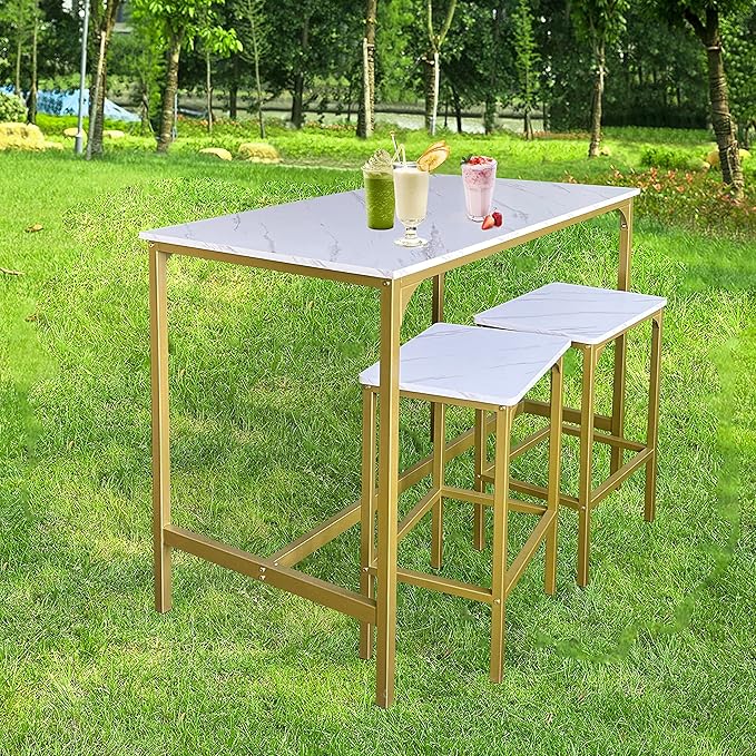 AT-VALY 5-Piece Bar Table Set with 4 Stools,Dining Room Table Set,Small Spaces (Gold & White) - LeafyLoom