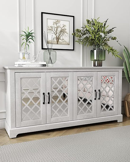 Galano Millicent TV Stand for 65+ Inch TV, Tall Entertainment Center with Mirror Doors, Rustic Media Console with Storage Shelves, Wood Television Stand for Living Room, Dusty Grey Oak - LeafyLoom