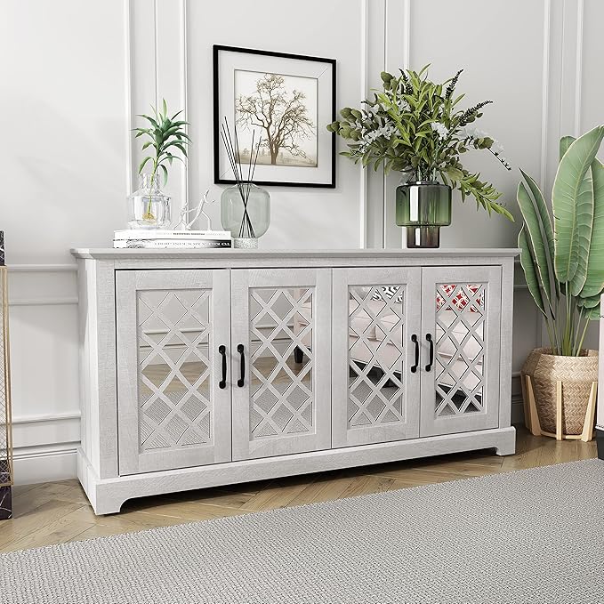 Galano Millicent TV Stand for 65+ Inch TV, Tall Entertainment Center with Mirror Doors, Rustic Media Console with Storage Shelves, Wood Television Stand for Living Room, Dusty Grey Oak - LeafyLoom