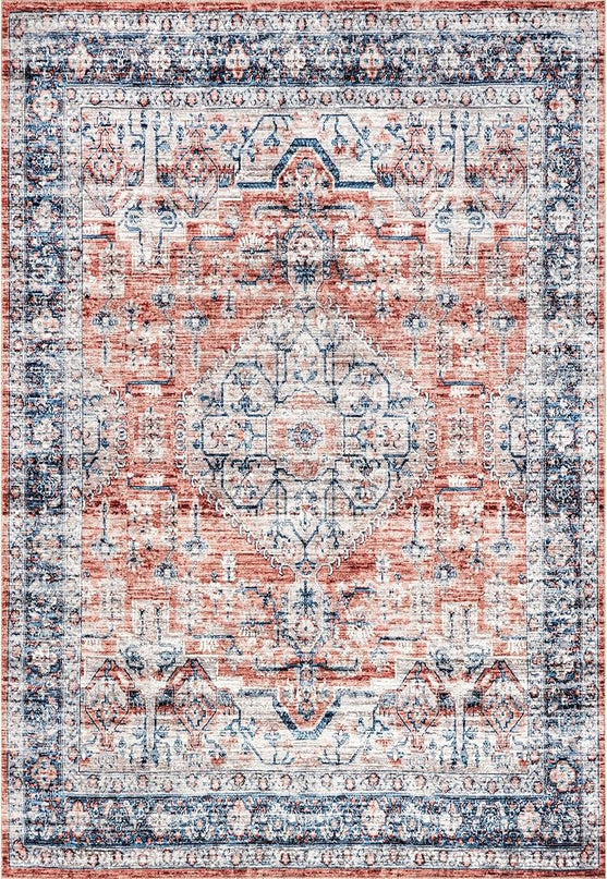 nuLOOM Rina Faded Persian Machine Washable Ultra Thin Area Rug, 5' x 8', Rust - LeafyLoom