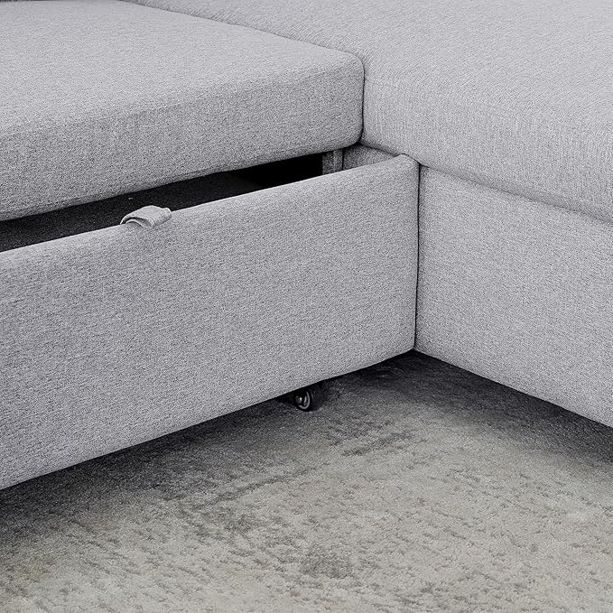 3 Seater Convertible Sectional Sofa with Reversible Chaise Lounge and Pull Out Sofabed, L Shaped Corner Couches with Storage , Comfy Linen Upholstered Sofa&Couches for Living Room Furniture Sets - LeafyLoom