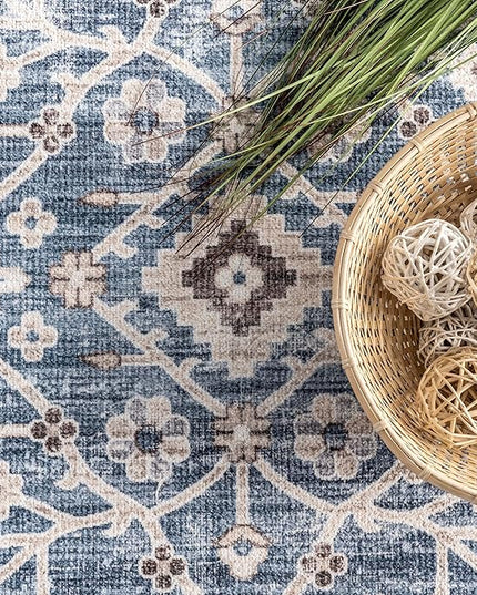 nuLOOM Shae Faded Persian Bordered Machine Washable Ultra Thin Area Rug, 4' x 6', Blue - LeafyLoom
