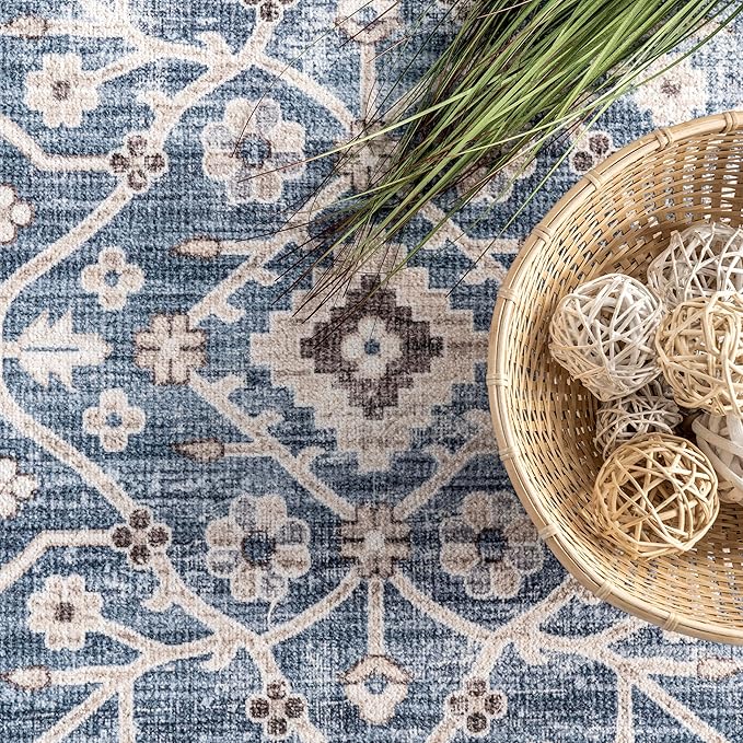 nuLOOM Shae Faded Persian Bordered Machine Washable Ultra Thin Area Rug, 4' x 6', Blue - LeafyLoom