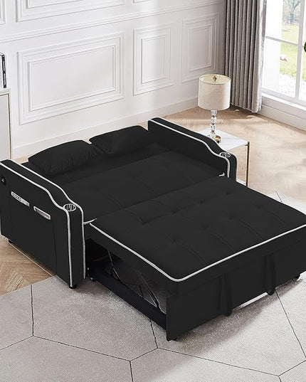 3-in-1 Velvet Upholstered Sofabed Tufted Futon Loveseat Sofa Convertible Sleeper Couch Bed with Cupholders and USB Charging Ports,Modern 2-Seaters Love Seat Daybed for Living Room, 55.2", Black1 - LeafyLoom