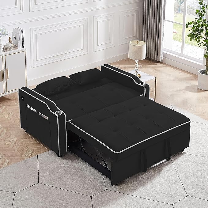 3-in-1 Velvet Upholstered Sofabed Tufted Futon Loveseat Sofa Convertible Sleeper Couch Bed with Cupholders and USB Charging Ports,Modern 2-Seaters Love Seat Daybed for Living Room, 55.2", Black1 - LeafyLoom