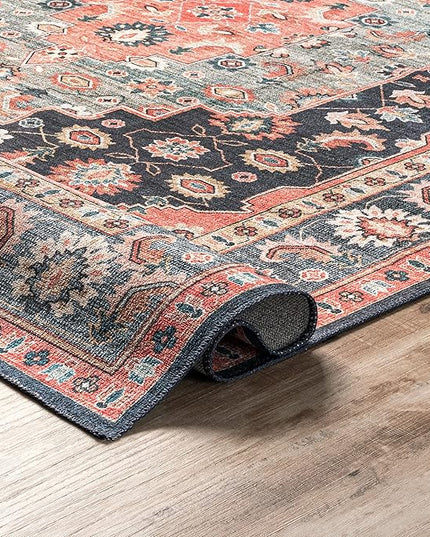 nuLOOM Francis Persian Medallion Machine Washable Ultra Thin Area Rug, 4' x 6', Blue - LeafyLoom