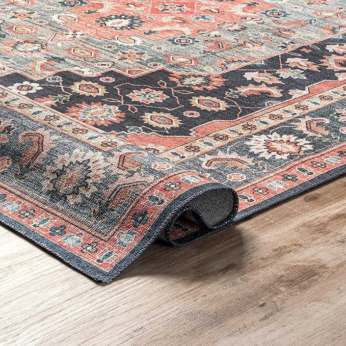 nuLOOM Francis Persian Medallion Machine Washable Ultra Thin Area Rug, 4' x 6', Blue - LeafyLoom