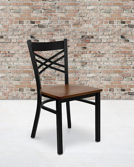 Flash Furniture HERCULES Series Black ''X'' Back Metal Restaurant Chair - Cherry Wood Seat - LeafyLoom