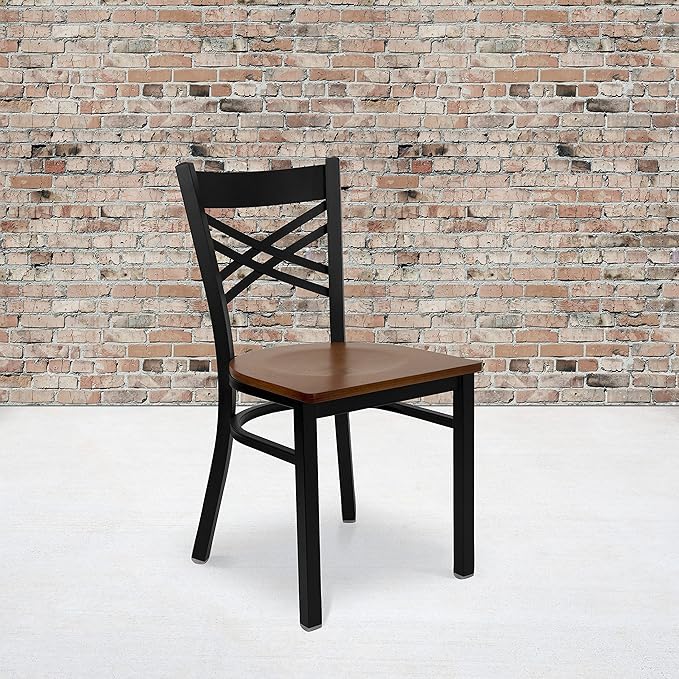 Flash Furniture HERCULES Series Black ''X'' Back Metal Restaurant Chair - Cherry Wood Seat - LeafyLoom
