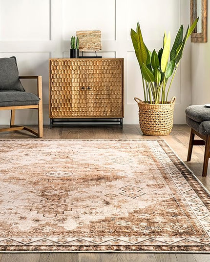 nuLOOM Dorota Machine Washable Geometric Medallion Ultra Thin Area Rug, 5' x 8', Beige - LeafyLoom