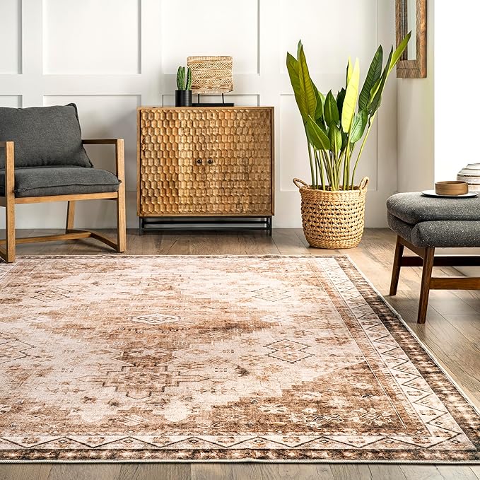 nuLOOM Dorota Machine Washable Geometric Medallion Ultra Thin Area Rug, 4' x 6', Beige - LeafyLoom
