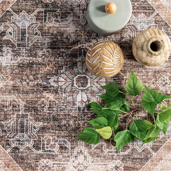 nuLOOM Devin Machine Washable Vintage Medallion Ultra Thin Runner Rug, 2' 6" x 8', Light Brown - LeafyLoom