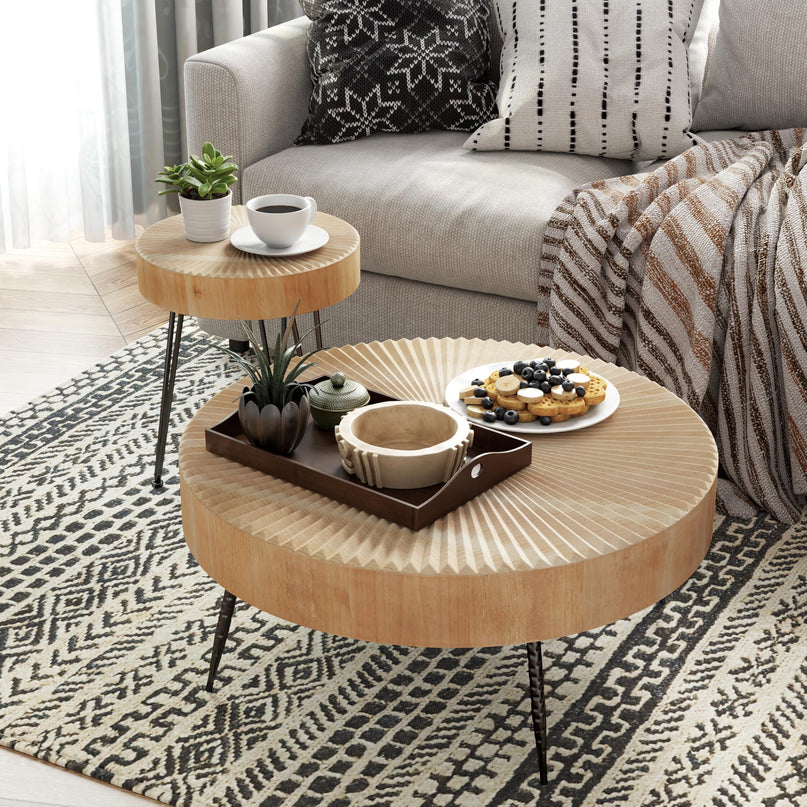 2-Piece Modern Farmhouse Living Room Coffee Table Set, Nesting Table Round Natural Finish with Handcrafted Wood Ring Motif, Wood Colour LeafyLoom