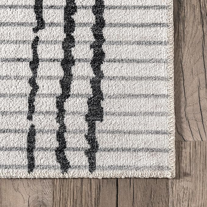 nuLOOM Leo Geometric Striped Machine Washable Ultra Thin Area Rug, 4' x 6', Ivory - LeafyLoom