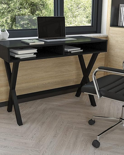 Flash Furniture Dolly Computer Desk - Black Writing Desk with Open Storage Compartments - 42" Long Home Office Desk Table for Bedroom - LeafyLoom