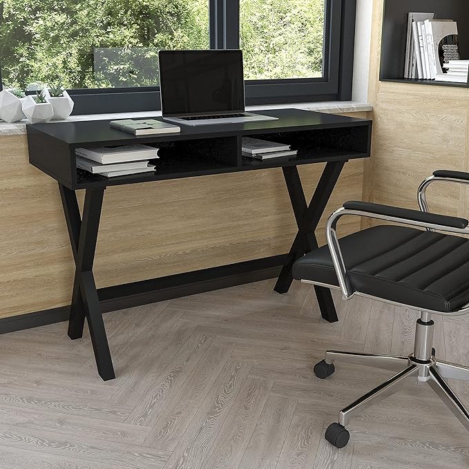 Flash Furniture Dolly Computer Desk - Black Writing Desk with Open Storage Compartments - 42" Long Home Office Desk Table for Bedroom - LeafyLoom