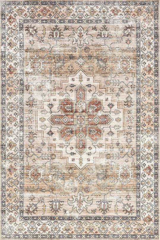 nuLOOM Dawson Machine Washable Distressed Medallion Ultra Thin Area Rug, 5' x 8', Beige - LeafyLoom