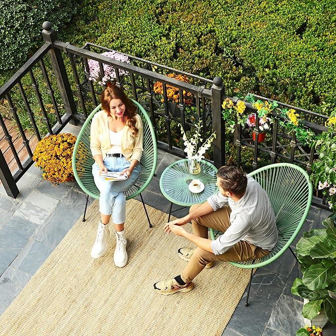 SONGMICS 3-Piece Outdoor Seating Acapulco Chair, Modern Patio Furniture Set, Glass Top Table and 2 Chairs, Indoor and Outdoor Conversation Bistro Set, Light Green UGGF011C01 - LeafyLoom