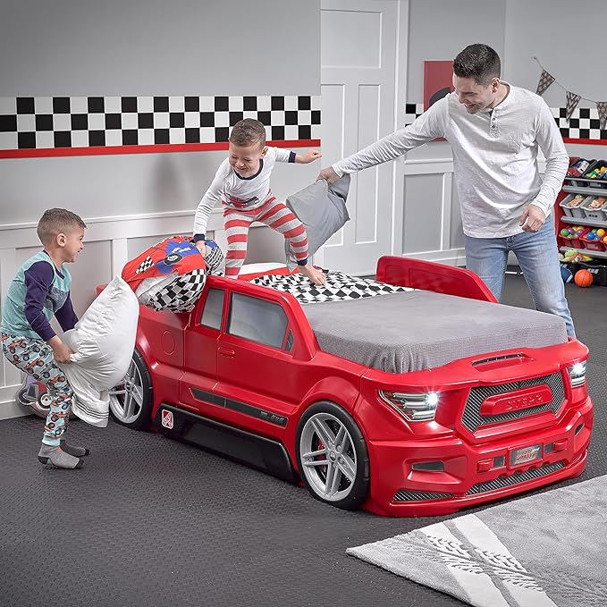 Step2 Turbocharged Twin Size Truck Car Bed, Car Bed for Boys and Girls, Working Headlights & Built-In Storage, Toddlers Ages 3+ Years Old, Adult Assembly Required, Vibrant Red - LeafyLoom