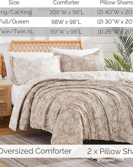 Southshore Fine Living, Inc. Oversized Full/Queen Comforter Set, Down Alternative Paisley Bedspread, Reversible Print is 2 Colors in 1, Queen/Full Comforter & Matching Shams, Taupe/White - LeafyLoom