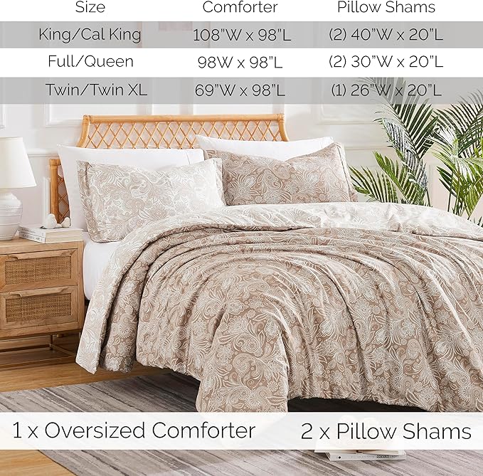 Southshore Fine Living, Inc. Oversized Full/Queen Comforter Set, Down Alternative Paisley Bedspread, Reversible Print is 2 Colors in 1, Queen/Full Comforter & Matching Shams, Taupe/White - LeafyLoom