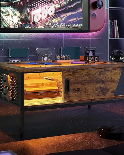 Bestier LED Coffee Table with Storage Glass Coffee Tables for Living Room with Sliding Doors, 42 Inch Rustic Brown Living Room Center Table - LeafyLoom