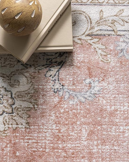 NuLOOM Ren Vintage Floral Machine Washable Ultra Thin Runner Rug, 2' 6" x 6', Peach - LeafyLoom