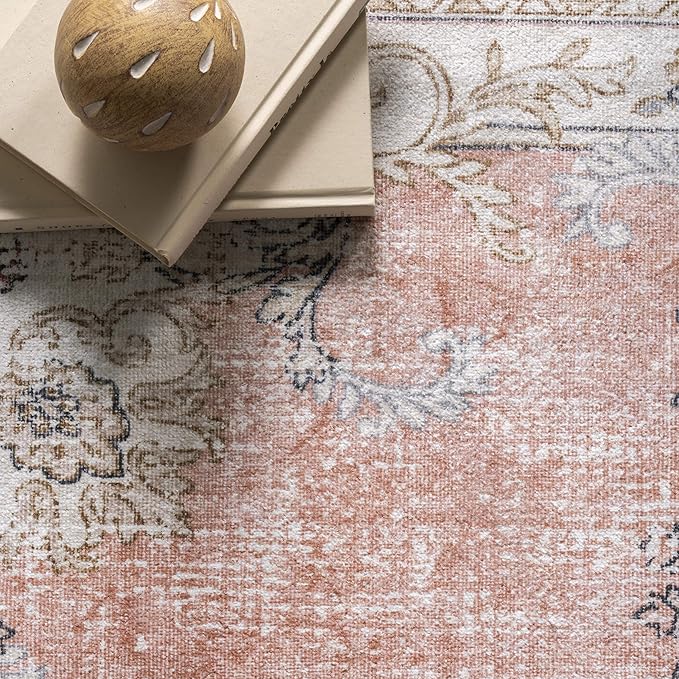 NuLOOM Ren Vintage Floral Machine Washable Ultra Thin Runner Rug, 2' 6" x 6', Peach - LeafyLoom