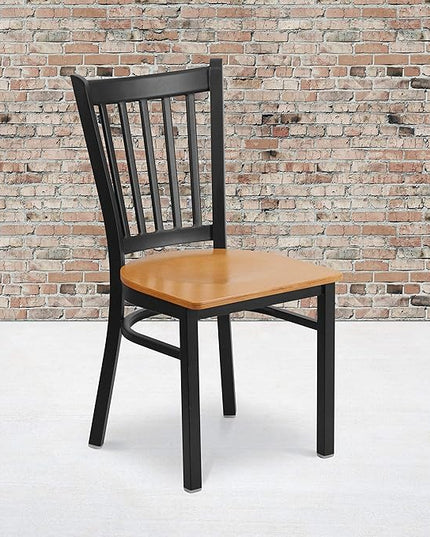 Flash Furniture HERCULES Series Black Vertical Back Metal Restaurant Chair - Natural Wood Seat - LeafyLoom