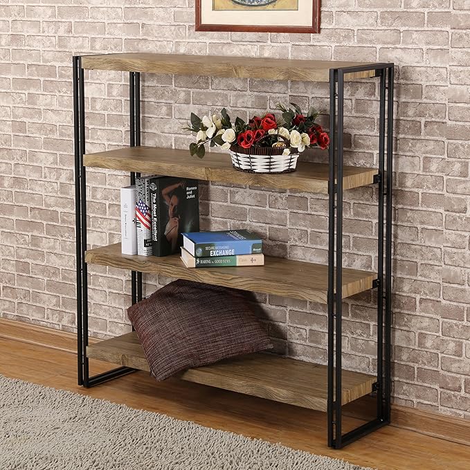 4 Tier Bookshelf Rustic Industrial Bookcase Etagere Open Office Book Shelf, Sonoma Oak - LeafyLoom