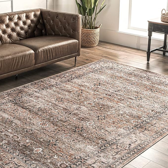 nuLOOM Gwyn Distressed Machine Washable Ultra Thin Runner Rug, 2' 6" x 10', Beige - LeafyLoom