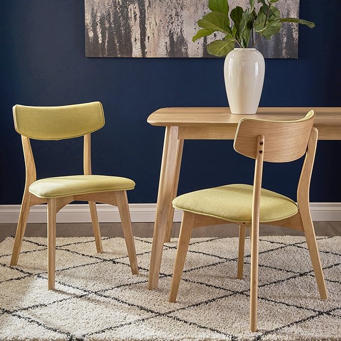 Christopher Knight Home Abrielle Mid-Century Modern Fabric Dining Chairs with Natural Oak Finished Rubberwood Frame, 2-Pcs Set, Green Tea / Natural Oak - LeafyLoom