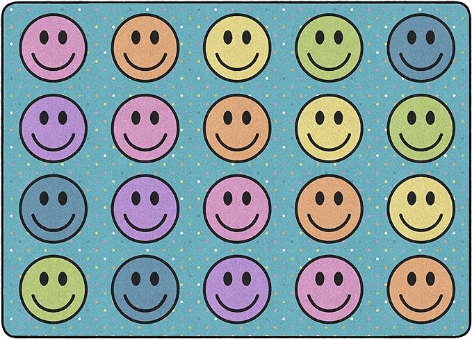 Flagship Carpets Smiley Seating (Seats 20) Classroom Area Rug or Educational Learning Mat, Kids Room or Playroom Carpet, 6' x 8'4", Blue/Multi (FA2393-32FS) - LeafyLoom