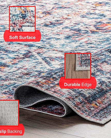 nuLOOM Kasi Vintage Persian Machine Washable Ultra Thin Area Rug, 5' x 8', Blue - LeafyLoom
