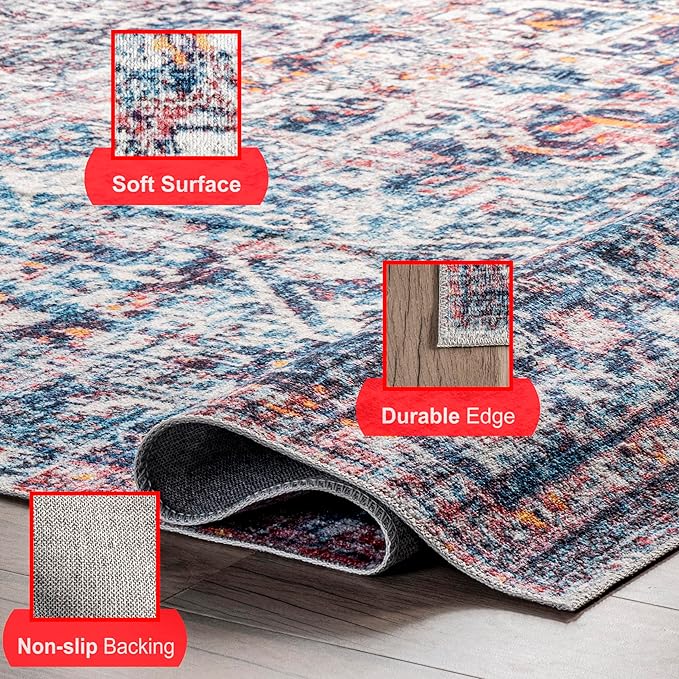 nuLOOM Kasi Vintage Persian Machine Washable Ultra Thin Area Rug, 5' x 8', Blue - LeafyLoom