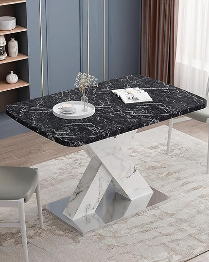 NicBex Dining Table Contemporary Kitchen Table Farmhouse Rustic Square Dining Table,Stretchable, Printed Black Marble Table Top+MDF White X-Shape Table Leg with Metal Base, Easy Assembly, Black+White - LeafyLoom