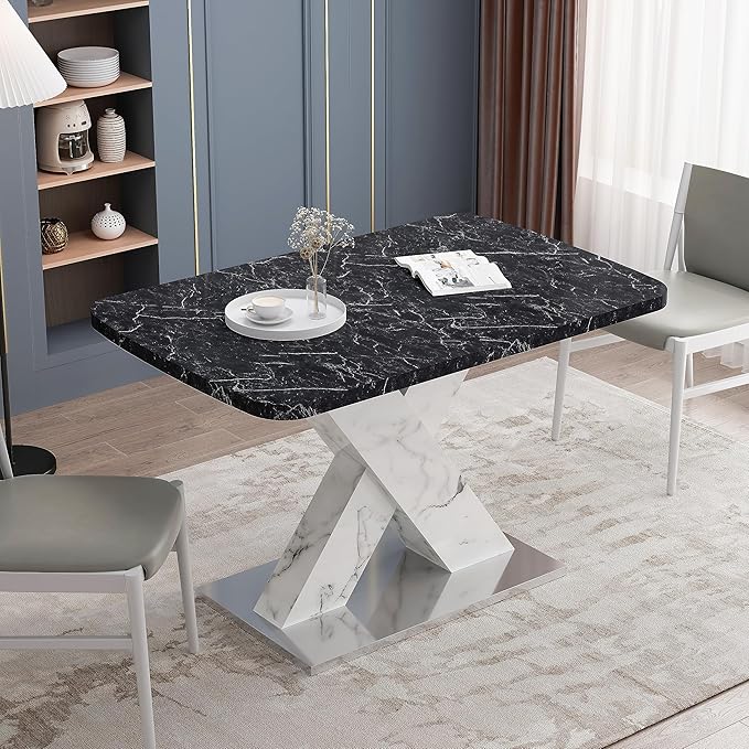 NicBex Dining Table Contemporary Kitchen Table Farmhouse Rustic Square Dining Table,Stretchable, Printed Black Marble Table Top+MDF White X-Shape Table Leg with Metal Base, Easy Assembly, Black+White - LeafyLoom