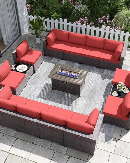 Patio Furniture Set with Fire Pit Table 15 PCS Outdoor Sectional Furniture Outdoor Rattan Patio Conversation Sets with 43in 55,000 BTU Propane Gas Fire Pit Table Glass Table, Red - LeafyLoom