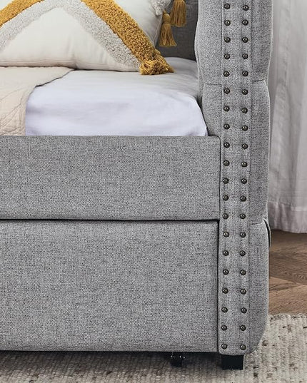 Full Size Upholstered Daybed, Pull Out with Two Storage Drawers, Solid Wood Frame Bed, Tufted Buttons and Copper Nails On Square Arms, for Bedrooms,Apartments, Grey-1 - LeafyLoom