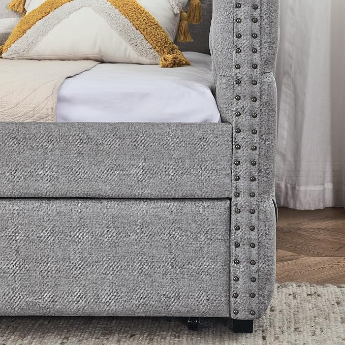Full Size Upholstered Daybed, Pull Out with Two Storage Drawers, Solid Wood Frame Bed, Tufted Buttons and Copper Nails On Square Arms, for Bedrooms,Apartments, Grey-1 - LeafyLoom