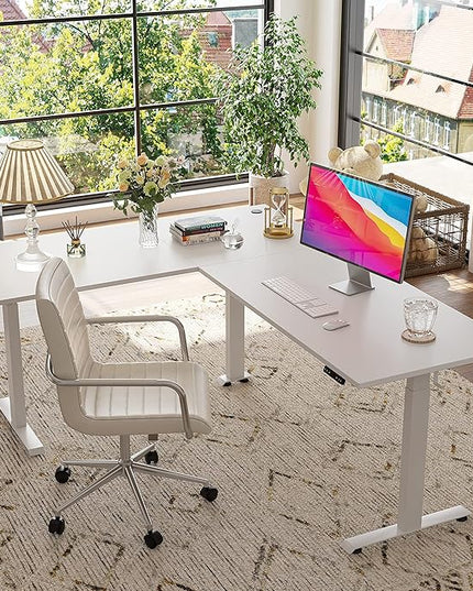 FEZIBO 75 Inches, Supports over 300mlbs,L Shaped Standing Desk Reversible, Electric Height Adjustable Corner Stand up Desk, Sit Stand Desk Computer Workstation, White Frame/White Top - LeafyLoom
