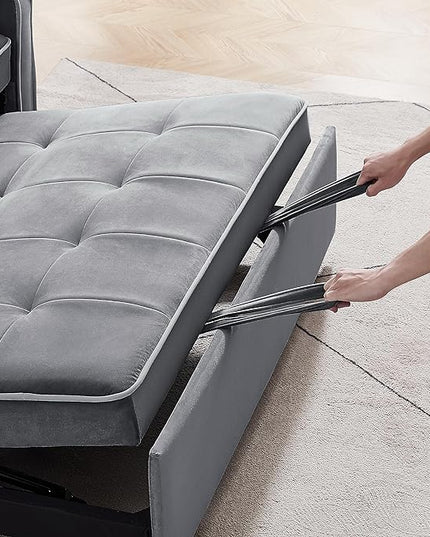 3-in-1 Velvet Upholstered Sofabed Tufted Futon Loveseat Sofa Convertible Sleeper Couch Bed with Cupholders and USB Charging Ports,Modern 2-Seaters Love Seat Daybed for Living Room, 55.2", Gray1 - LeafyLoom