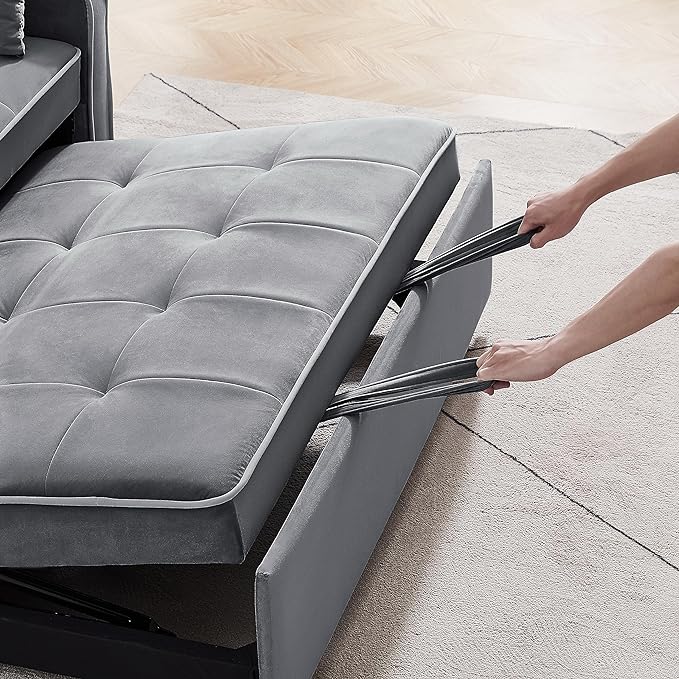 3-in-1 Velvet Upholstered Sofabed Tufted Futon Loveseat Sofa Convertible Sleeper Couch Bed with Cupholders and USB Charging Ports,Modern 2-Seaters Love Seat Daybed for Living Room, 55.2", Gray1 - LeafyLoom