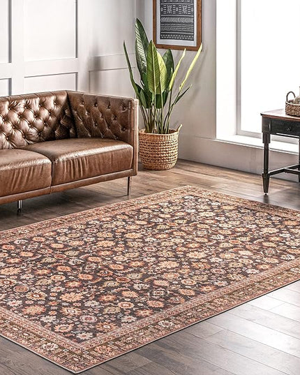 nuLOOM Cathie Persian Floral Machine Washable Ultra Thin Area Rug, 4' x 6', Beige - LeafyLoom