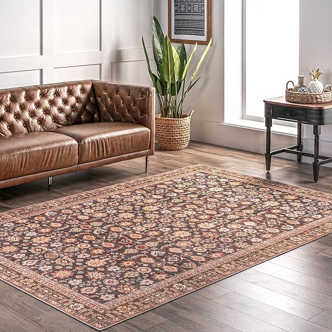 nuLOOM Cathie Persian Floral Machine Washable Ultra Thin Area Rug, 8' x 10', Beige - LeafyLoom