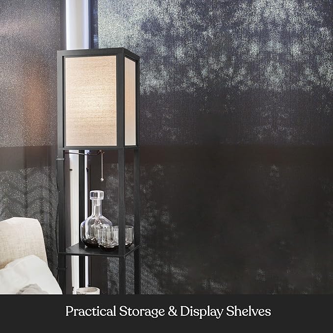 Brightech Maxwell - Modern Shelf Floor Lamp with Shade and LED Bulb Corner Display Lamps Shelves for Living Room, Bedroom Office Black - LeafyLoom