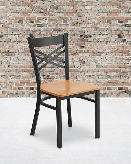 Flash Furniture HERCULES Series Black ''X'' Back Metal Restaurant Chair - Natural Wood Seat - LeafyLoom
